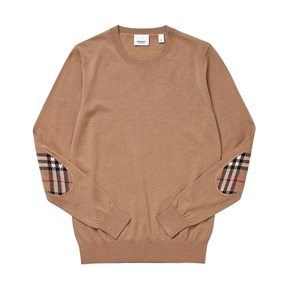 $830 BURBERRY BEMPTON CAMEL MERINO WOOL ELBOW CHECK PATCHES PULLOVER SWEATER L
